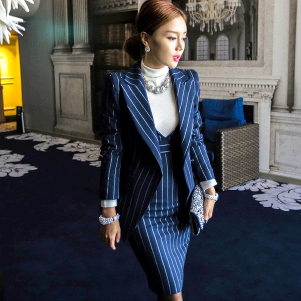 2 Piece Dress Suit Navy Pinstripe Jacket Blazer